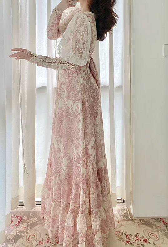 Romantic Long Sleeve Pink Prom Dress Lace Floral A-Line Evening Dress C8765