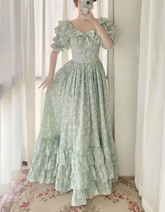 Sleek Short Sleeve Tiered Green Prom Dress Bow Floral A-Line Evening Dress C8767