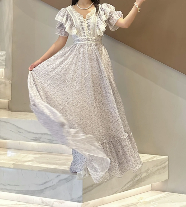 Flowy Short Sleeve Lace Prom Dress Ruffles Floral A-Line Evening Dress C8771