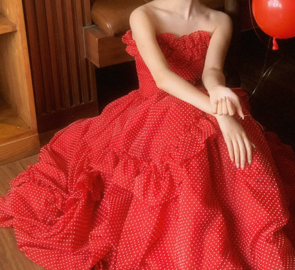 Sexy Strapless Red Prom Dress Polka Dots Tulle A-Line Evening Dress C8781