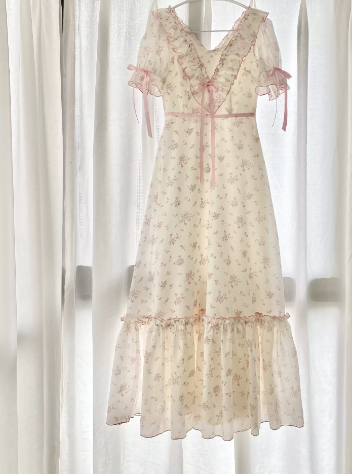 Flowy Short Sleeve Floral Prom Dress Pink Ruffles A-Line Evening Dress C8782