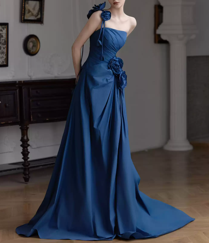 Vintage One Shoulder Blue Prom Dress Appliques A-Line Evening Dress C8786