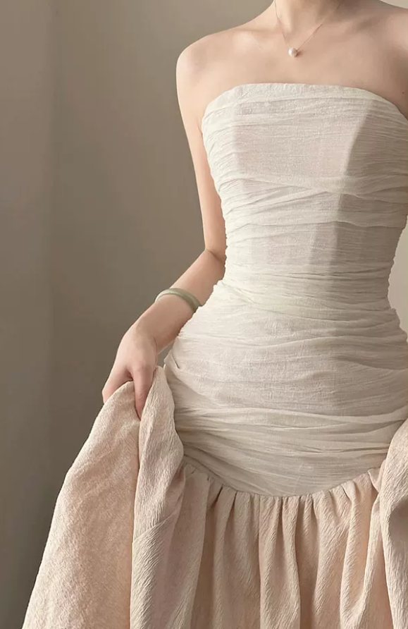 Elegant Strapless Beige Prom Dress Satin Mermaid Evening Dress C8796