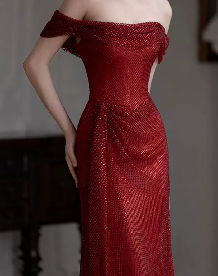 Alluring Off-Shoulder Red Prom Dress Sequins Mermaid Evening Dress C8802