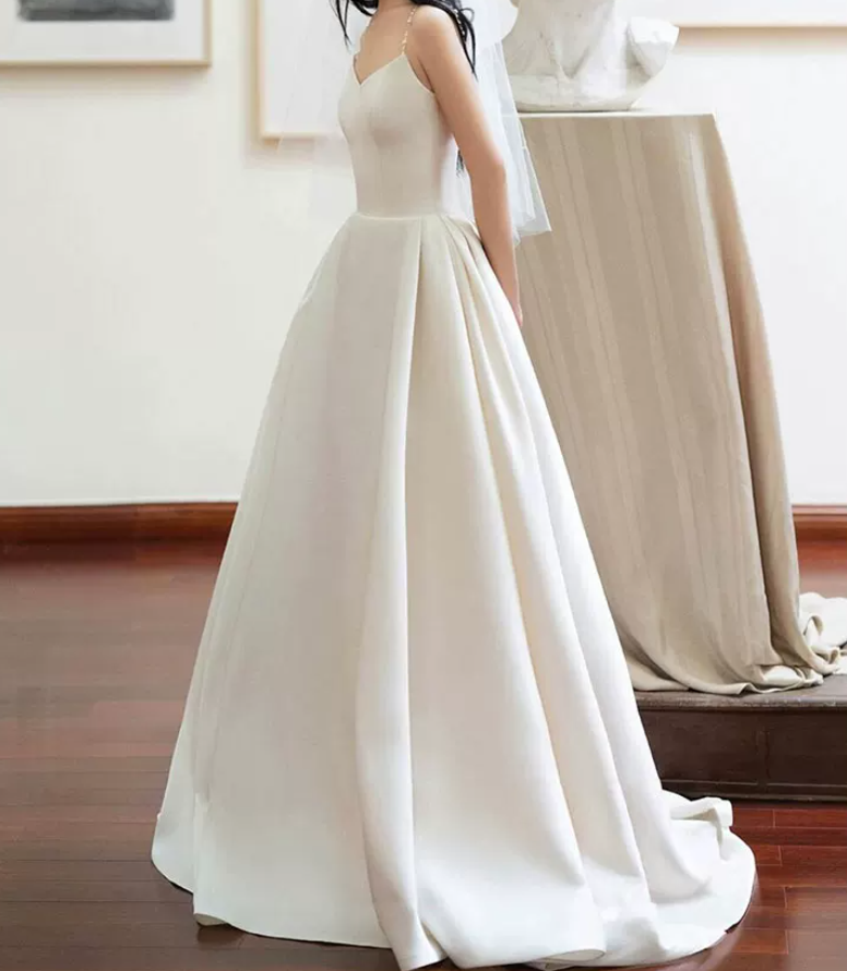 Glam Spaghetti Straps Wedding Dresses Satin A-Line Bridal Dress C8806