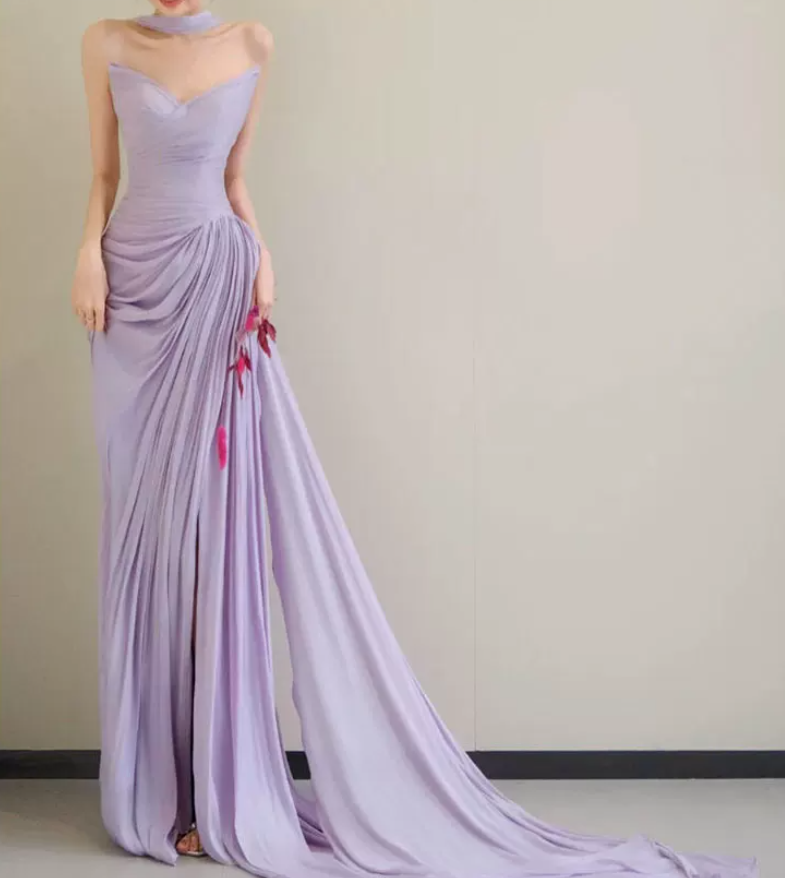 Glam Strapless Purple Prom Dress With Scarf High Slit Ruched Mermaid Evening Dress C8812