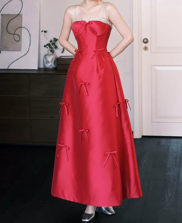 Glam Spaghetti Straps Red Prom Dress Bows Beaded A-Line Evening Dress C8813