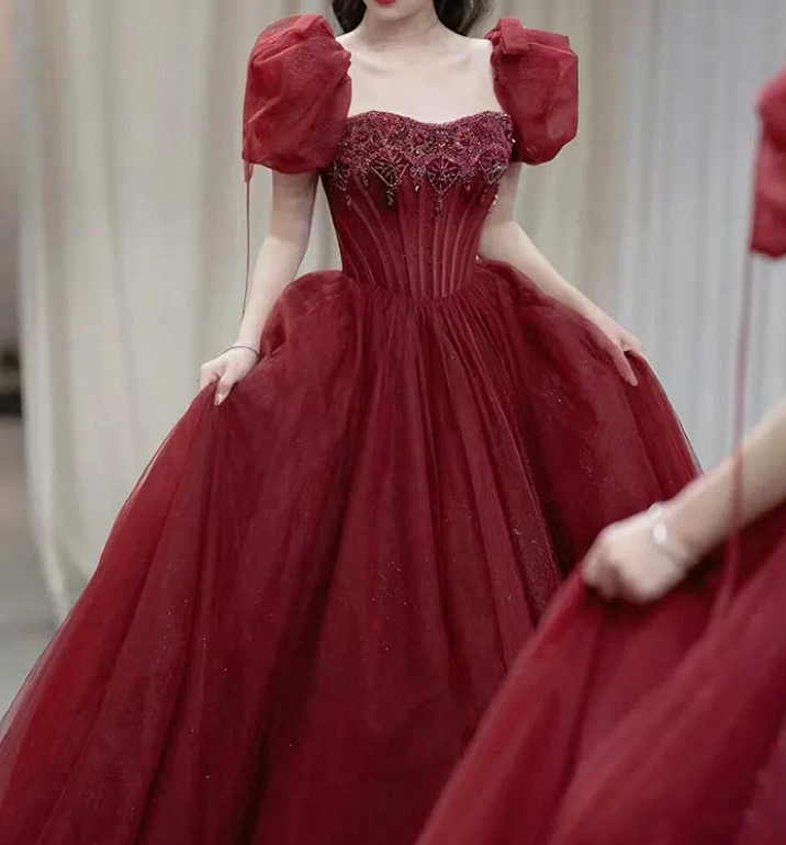 Romantic Short Sleeve Red Prom Dress Beaded A-Line Evening Dress C8824