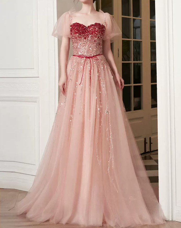 Elegant Short Sleeve Pink Prom Dress Sequins Tulle A-Line Evening Dress C8828