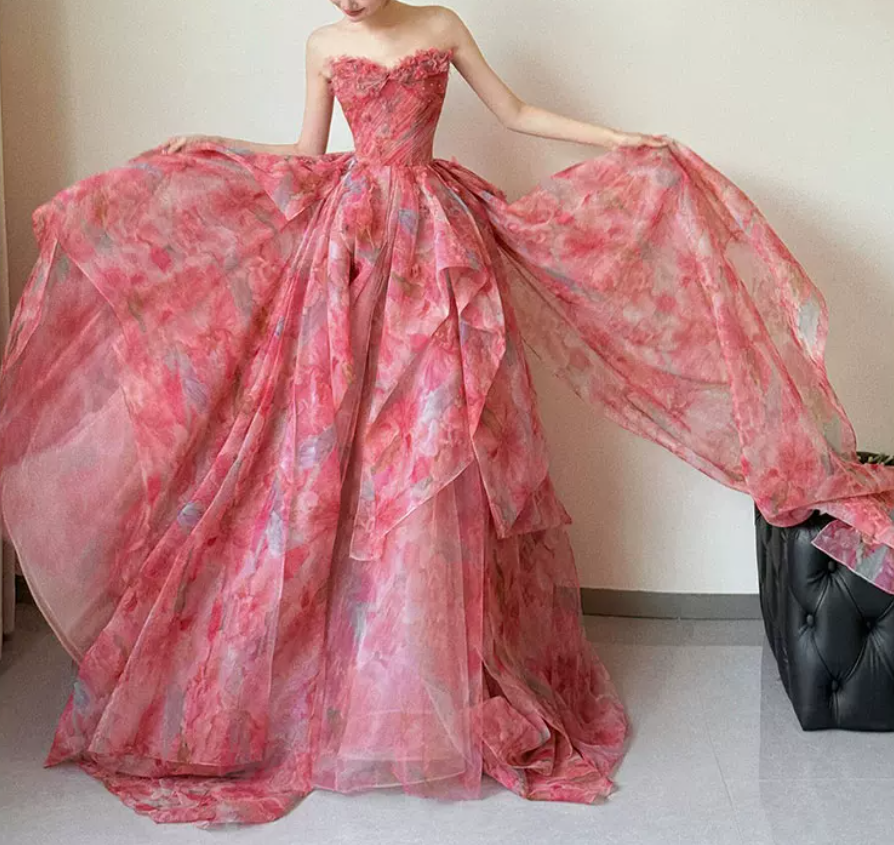 Robe de bal de princesse bustier à volants en satin long, robe de soirée C8117