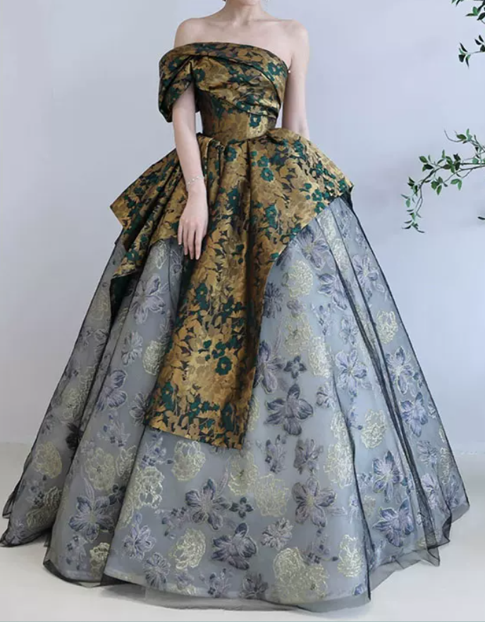 Vintage Off-Shoulder Floral Prom Dress Jacquard A-Line Evening Dress C8840