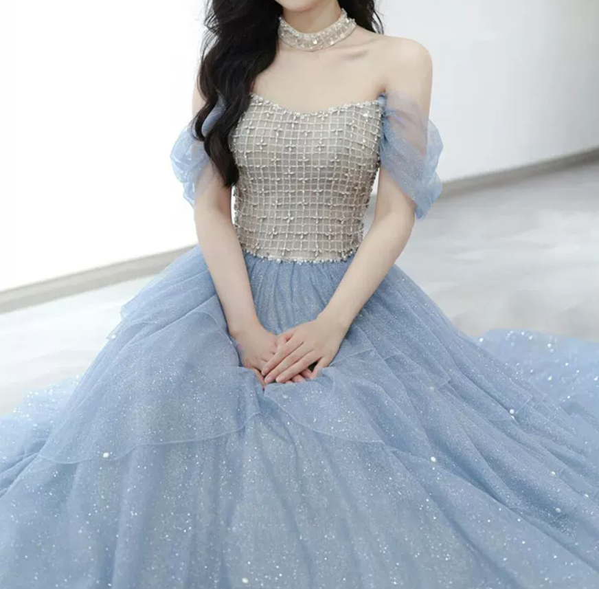 Robe de bal de princesse bustier à volants en satin long, robe de soirée C8117