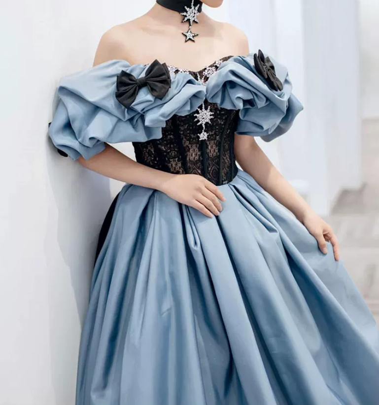 Vintage Off-Shoulder Blue Prom Dress Bows Beaded A-Line Evening Dress C8862