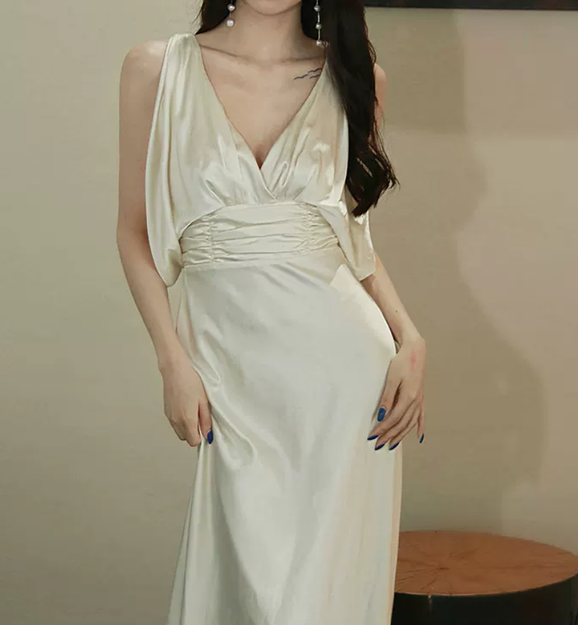 Trendy V Neck Ivory Prom Dress Satin A-Line Evening Dress C8871