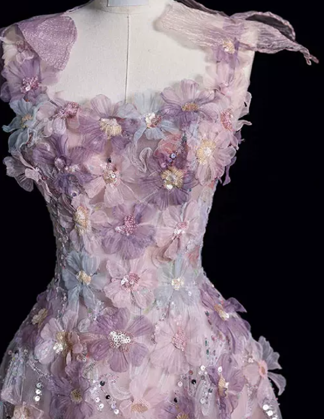 Dreamy Off-Shoulder Purple Prom Dress Sequins A-Line Floral Evening Dress C8895