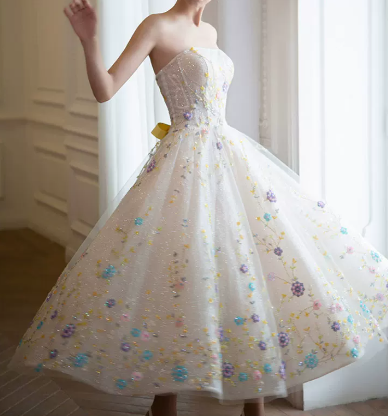Glittering Floral Prom Dress Sequins A-Line Evening Dress C8903