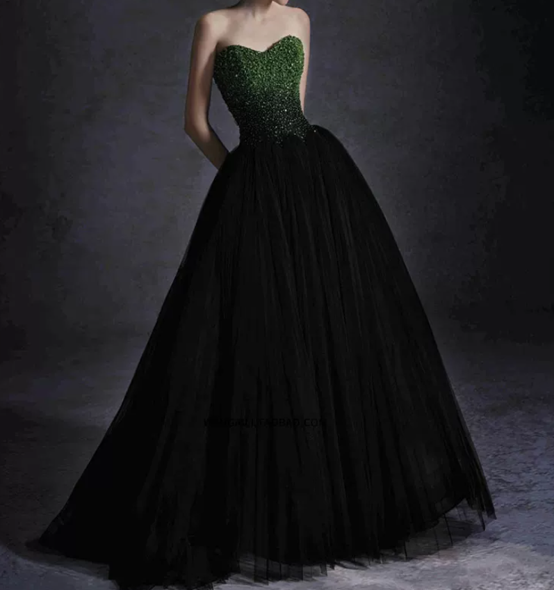 Sparkling Strapless Green Bodice Prom Dress Black Tulle A-Line Evening Dress C8904