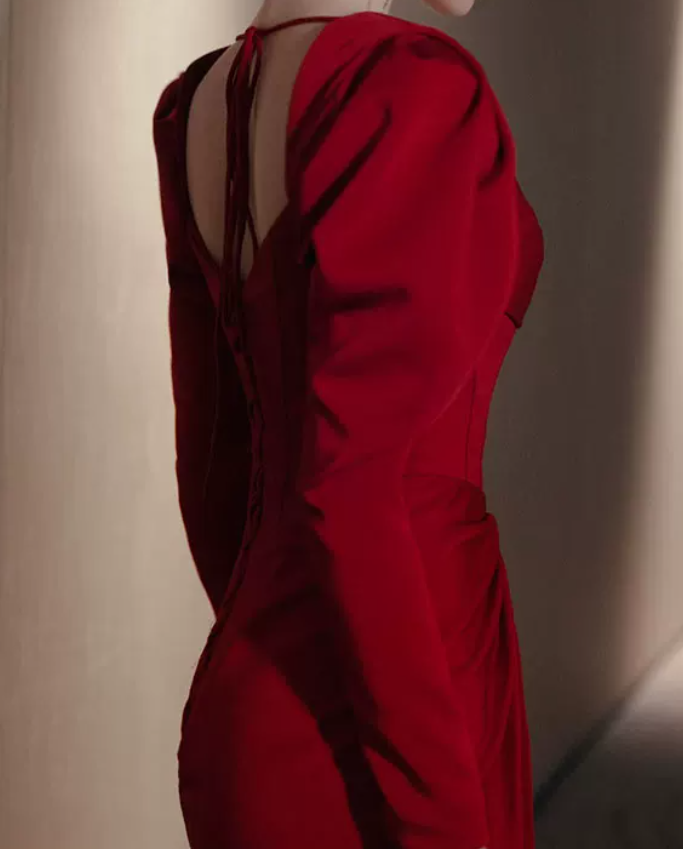 Retro Square Neck Red Prom Dress Long Sleeve High Slit Mermaid Evening Dress C8909