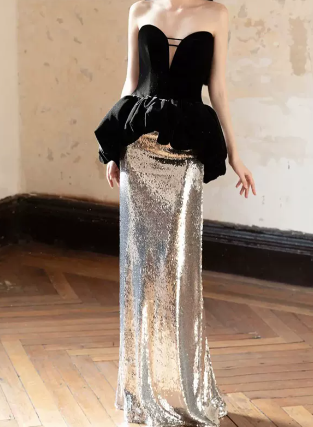 Glittering Strapless Black & Silver Prom Dress Sequins Mermaid Evening Dress C8917