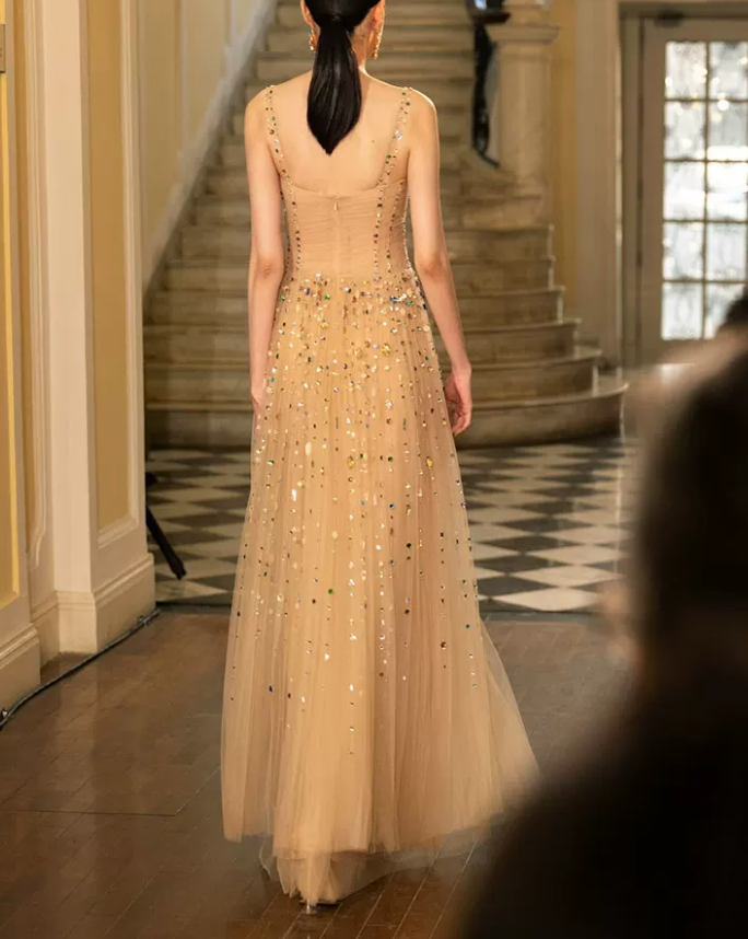 Unique Spaghetti Straps Beige Prom Dress Crystals Tulle A-Line Evening Dress C8918