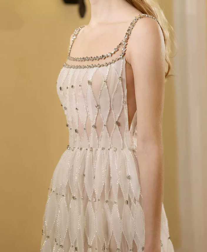 Graceful Spaghetti Straps White Prom Dress Crystals A-Line Evening Dress C8919
