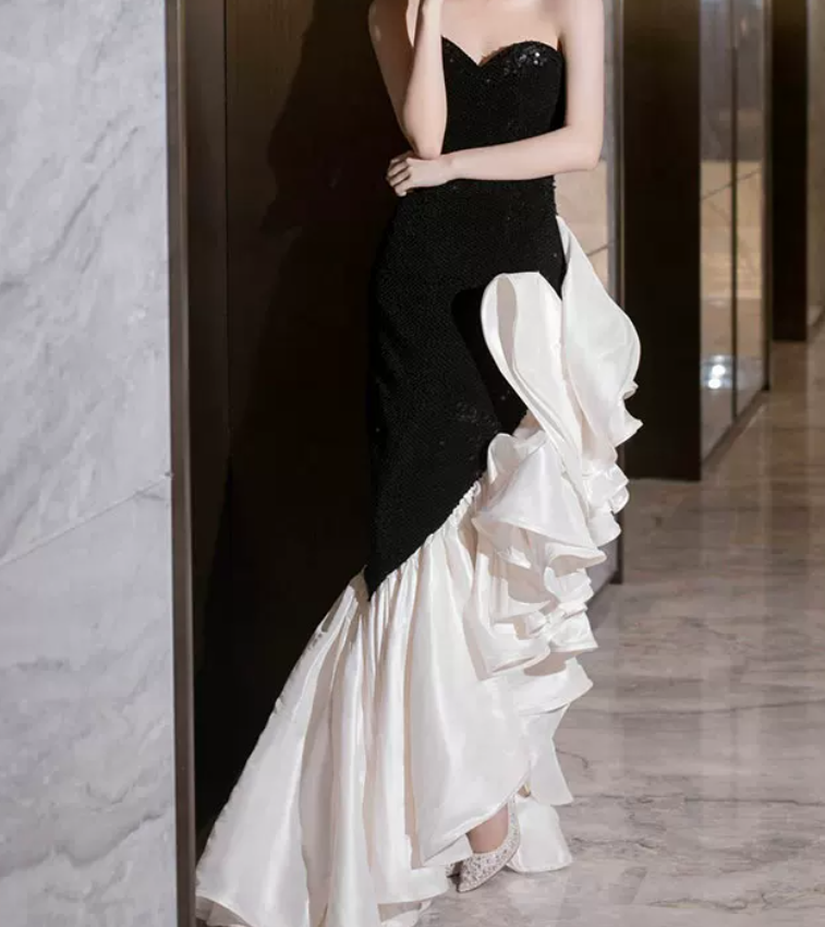 Unique Strapless Black Prom Dress Sequins Ruffles Mermaid Evening Dress C8926