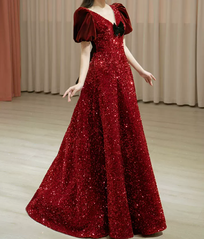 Trendy V Neck Red Prom Dress Sequins Short Sleeve A-Line Evening Dress C8935