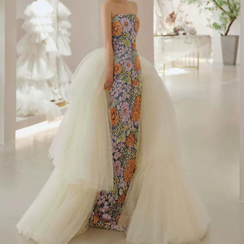 Robe de bal de princesse bustier à volants en satin long, robe de soirée C8117