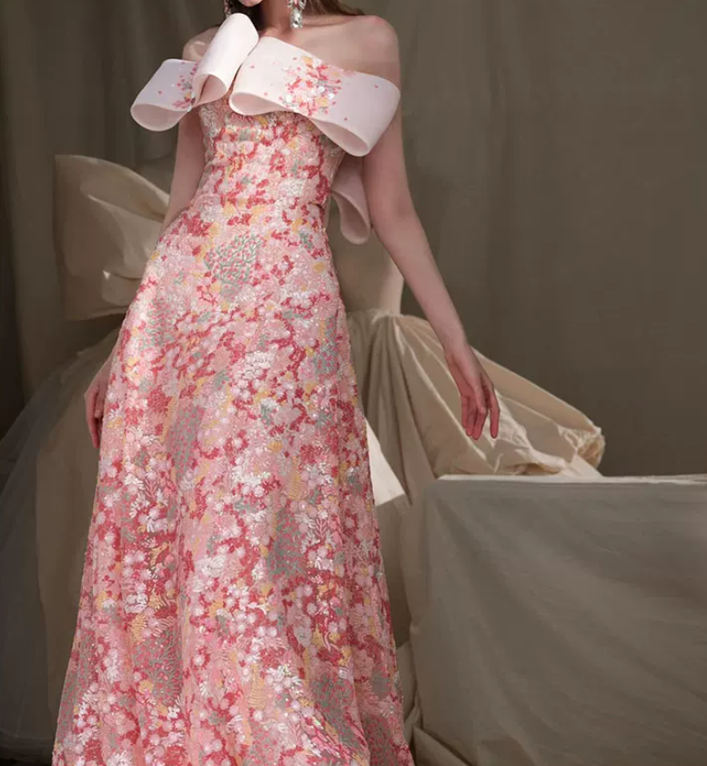 Sweet Strapless Pink Prom Dress Sequins Floral A-Line Evening Dress C8940