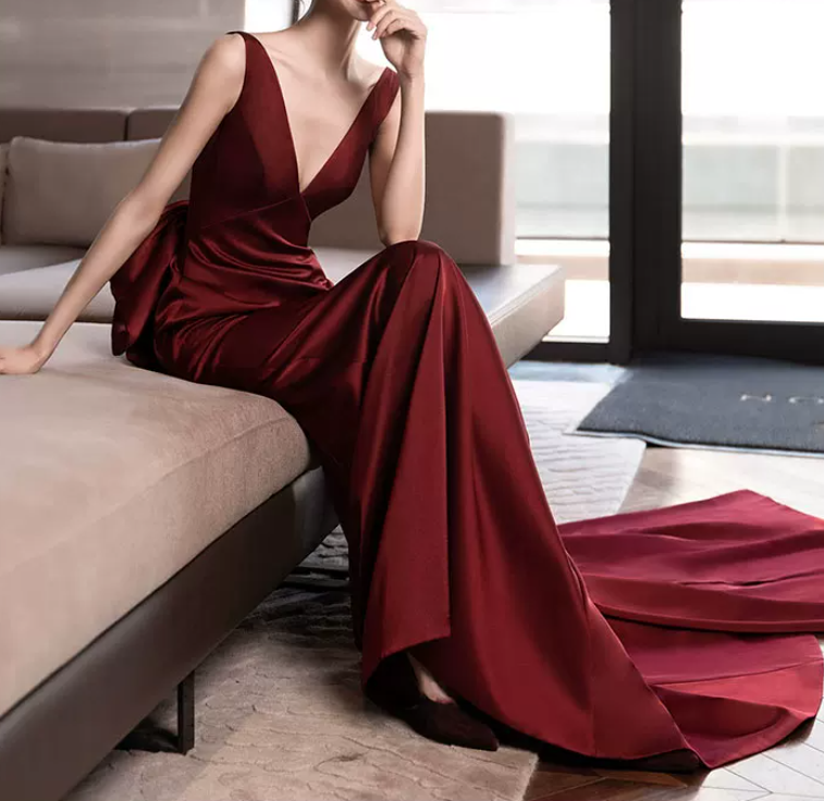 Sexy V Neck Red Prom Dress Bow Backless Mermaid Evening Dress C8943