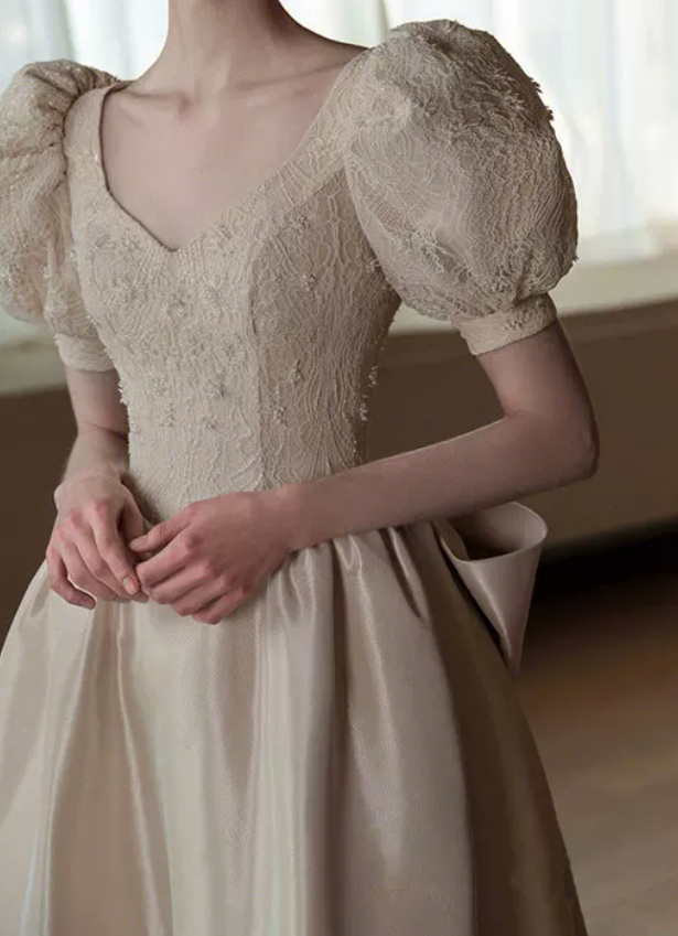 Classy V Neck Beige Prom Dress Short Sleeve Lace Bow A-Line Evening Dress C8953