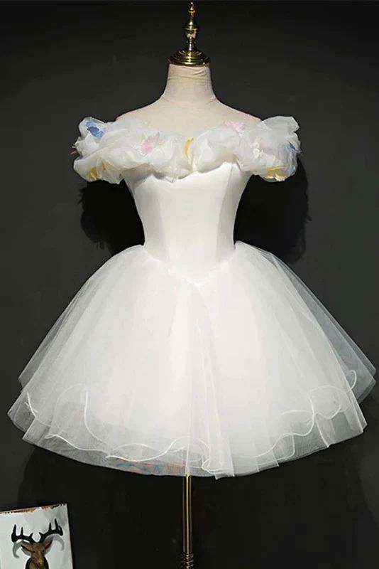 Robe de bal Simple, épaules dénudées, tenue courte d'anniversaire, robe de soirée blanche, C896
