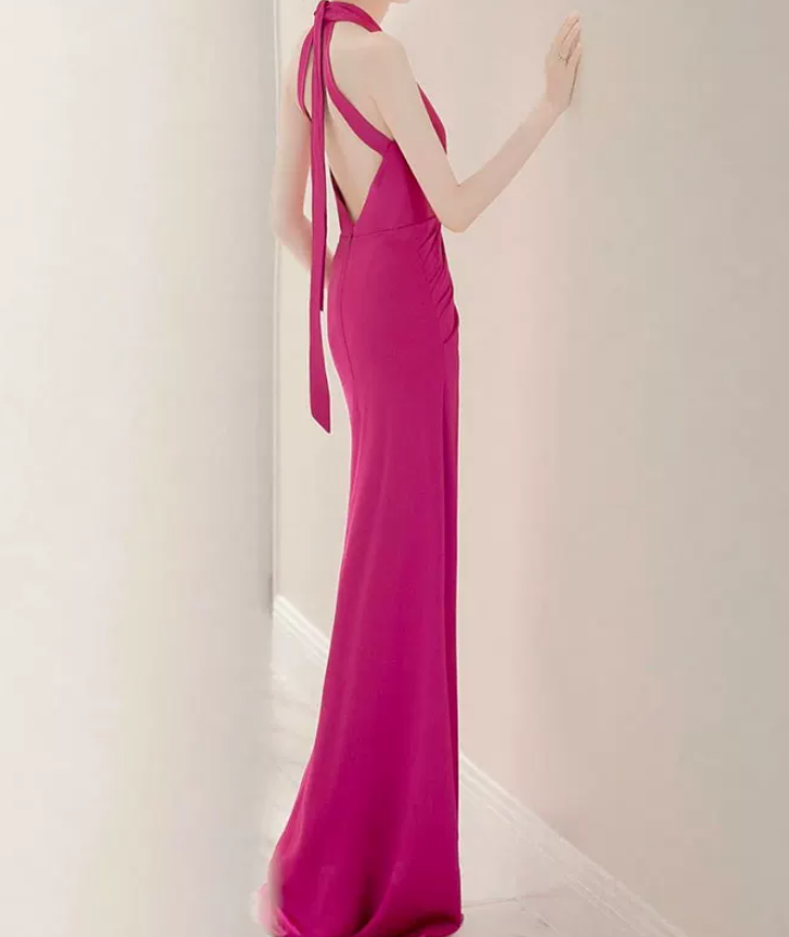 Playful Halter Neck Hot Pink Prom Dress Silt Mermaid Evening Dress C8963