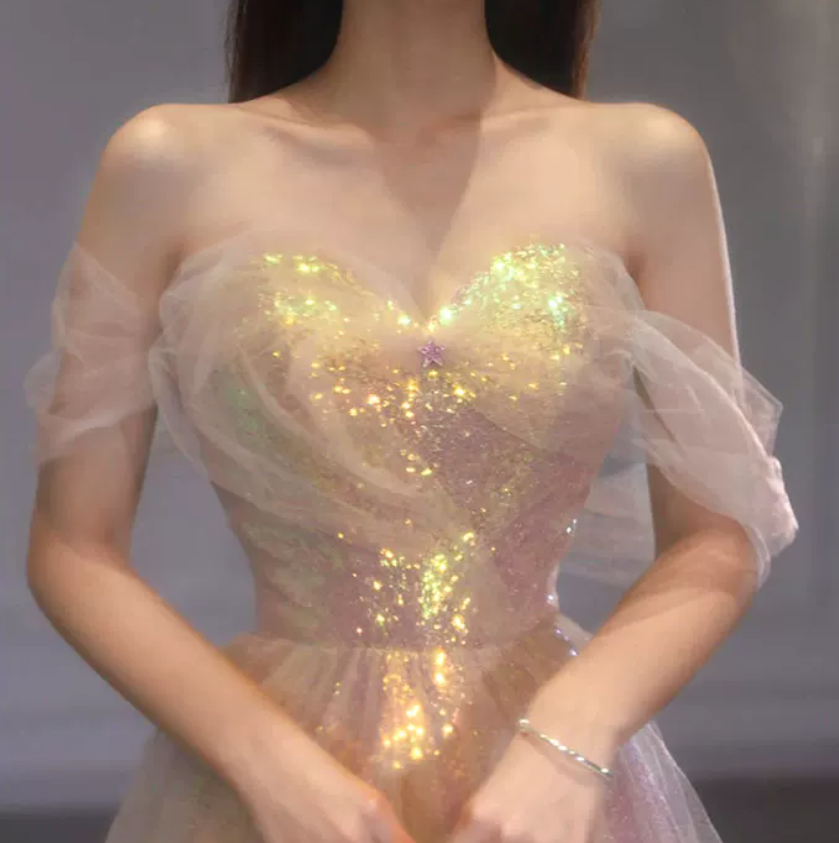 Luxurious Off-Shoulder Pink Prom Dress Sequins Tulle A-Line Evening Dress C8964