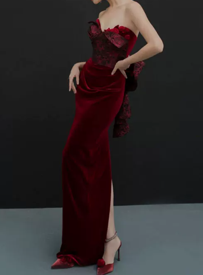 Retro Strapless Red Prom Dress Jacquard Mermaid Evening Dress C8965