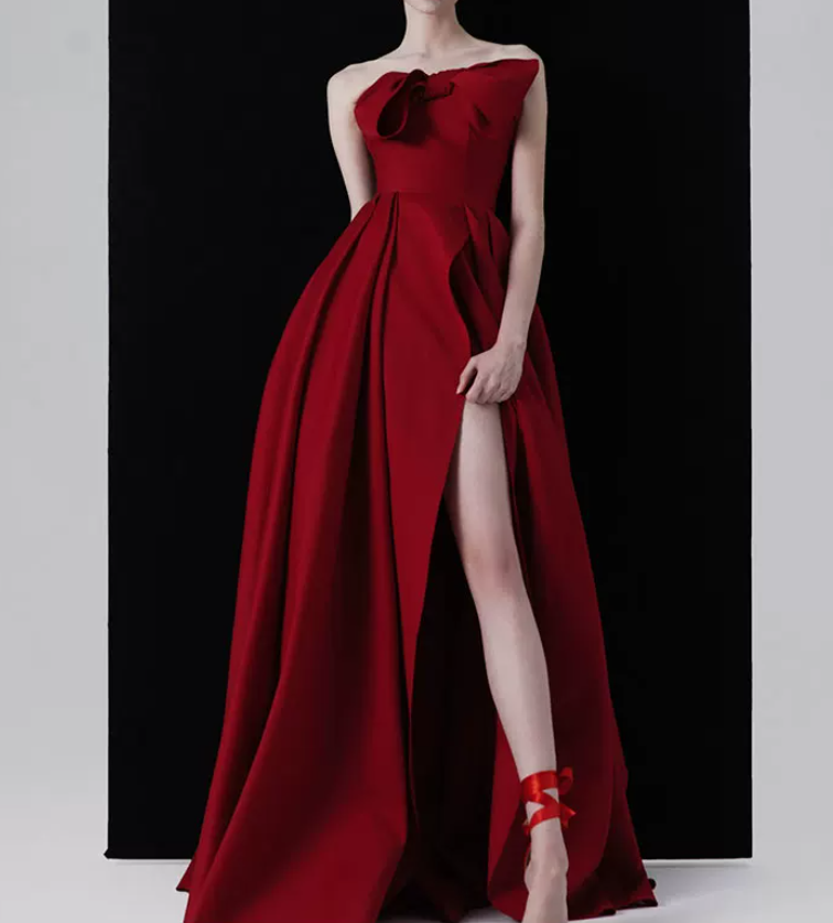 Alluring Strapless Red Prom Dress Bow Satin Slit A-Line Evening Dress C8974