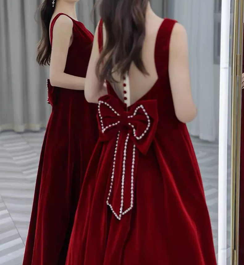 Trendy Jewel Neck Red Prom Dress Velvet Beaded Bow A-Line Evening Dress C8976