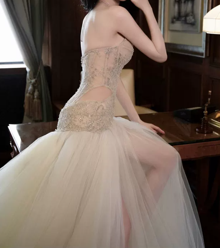 Glittering Strapless Slit Beige Prom Dress Sequins Tulle Beaded A-Line Evening Dress C8980