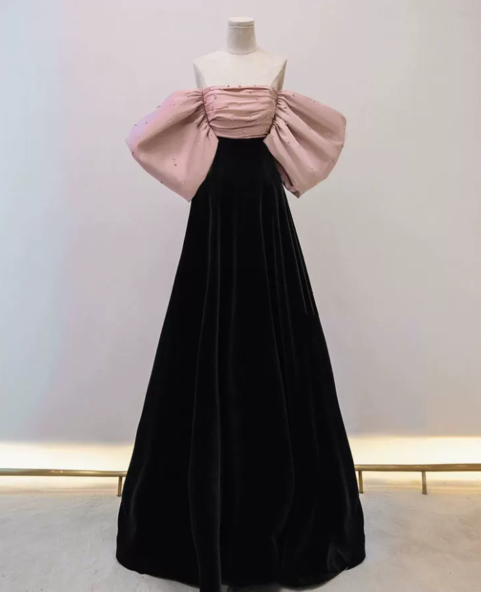 Sleek Off-Shoulder Beads Prom Dress Black Velvet Bow A-Line Evening Dress C8981