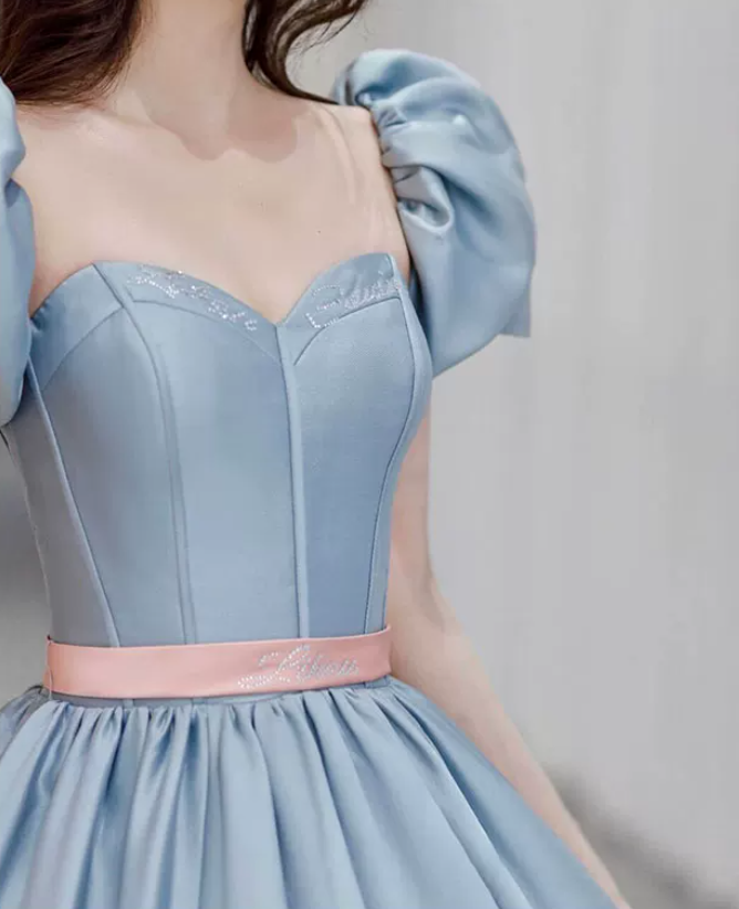 Graceful Sweetheart Blue Prom Dress With Detachable Sleeves Bows A-Line Evening Dress C8993