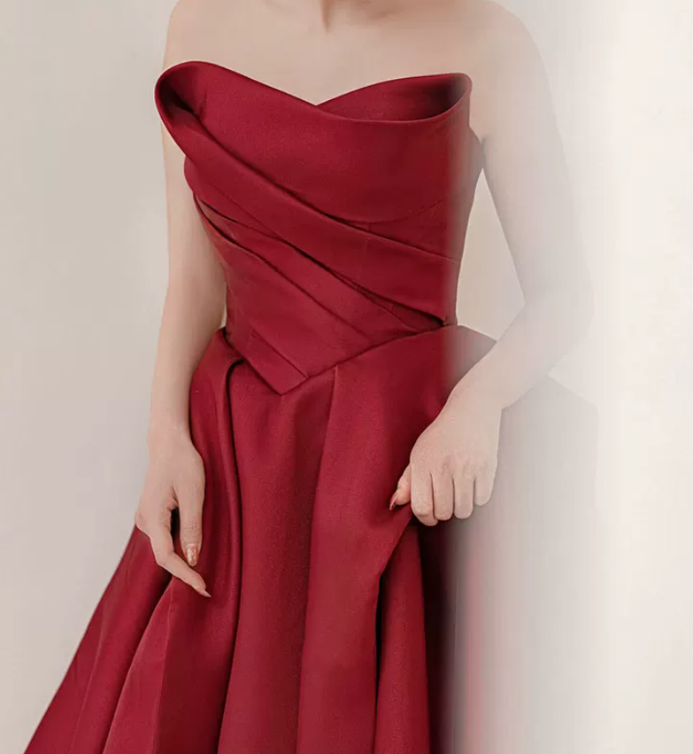 Sleek Strapless Burgundy Prom Dress Satin A-Line Evening Dress C8998
