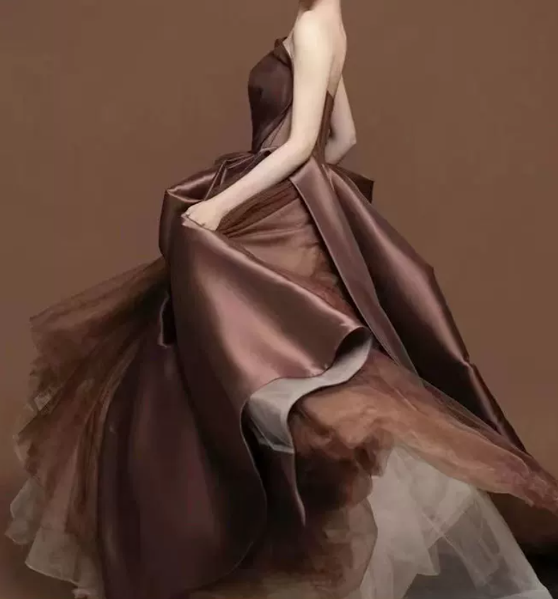 Classical Strapless Brown Prom Dress Satin Tulle A-Line Evening Dress C9004