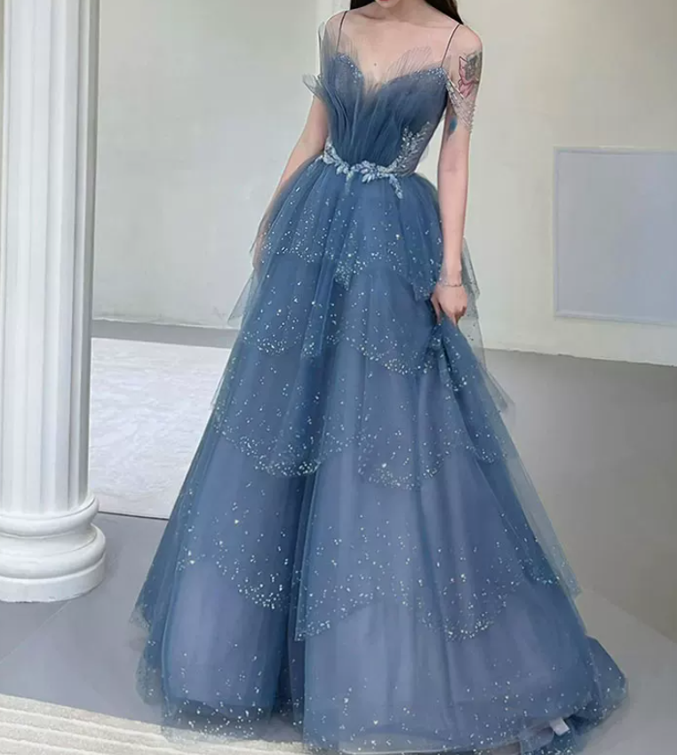 Glittering Off-Shoulder Blue Prom Dress Sequins Tulle Tiered A-Line Evening Dress C9010