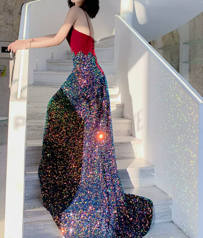 Enchanting Spaghetti Straps Red Prom Dress Sequins Velvet A-Line Evening Dress C9016