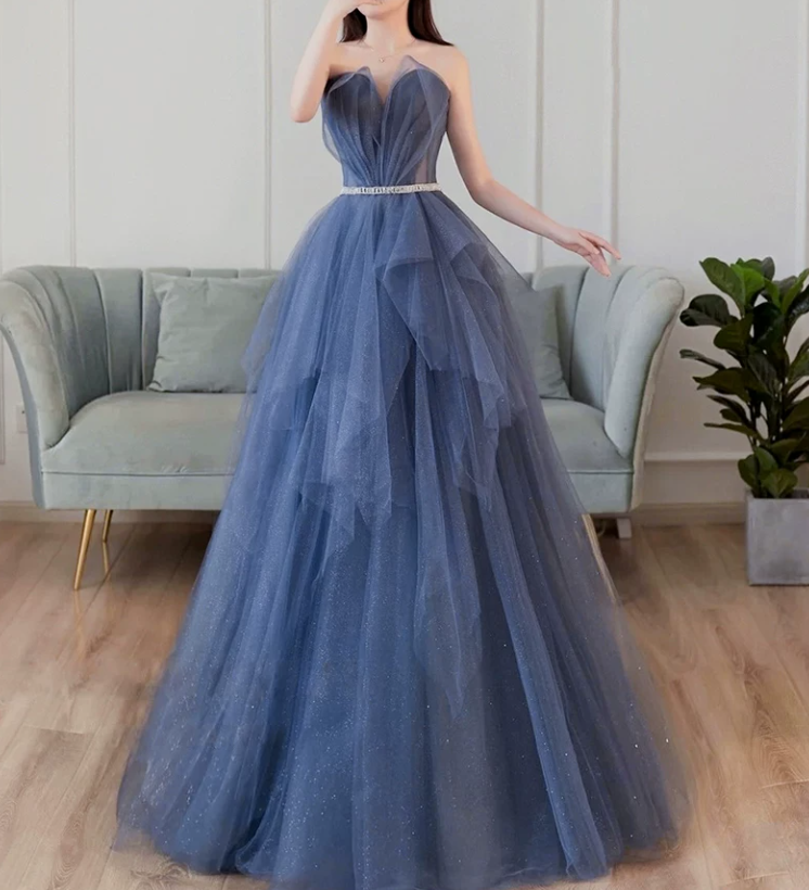 Glam Sweetheart Neck Prom Dress Blue Tulle A-Line Evening Dress C9019