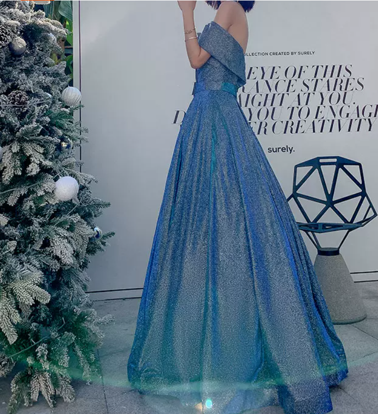 Vintage Off-Shoulder Blue Prom Dress Sequins A-Line Evening Dress C9020
