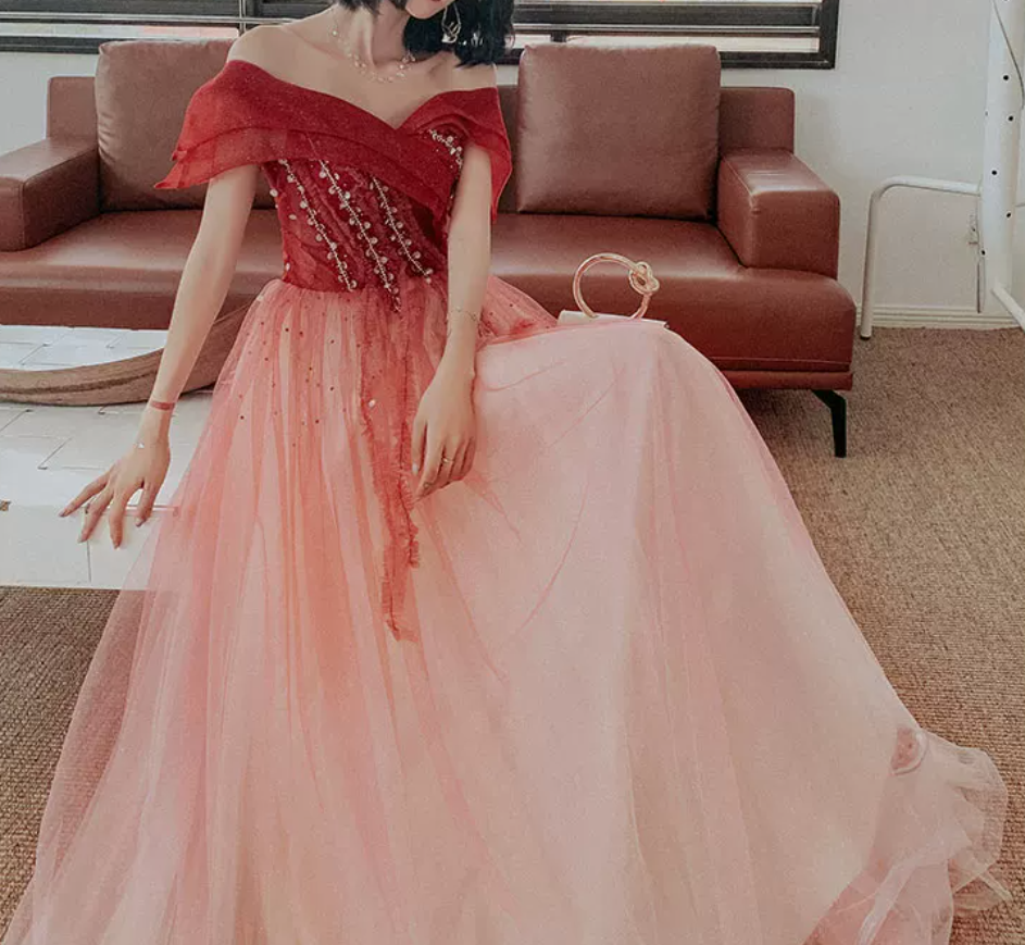 Sweet Off-Shoulder Red Prom Dress Sequins Tulle A-Line Evening Dress C9023