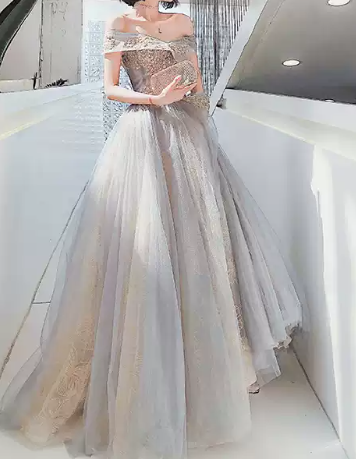 Classy Off-Shoulder Blue Prom Dress Sequins Tulle A-Line Evening Dress C9041