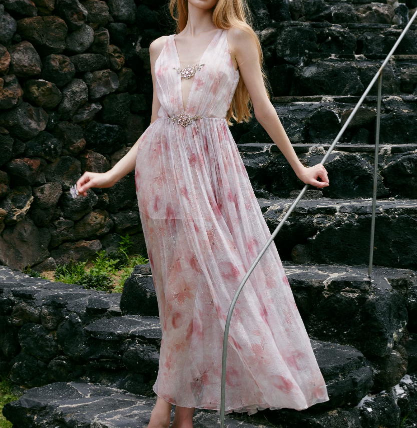 Glam V Neck Pink Prom Dress Chiffon Beaded A-Line Evening Dress C9067