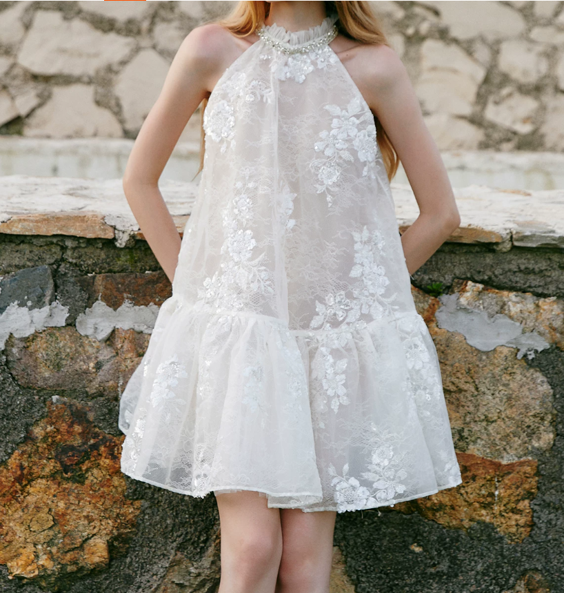 Attractive Halter Neck Beaded Homecoming Dress White Lace A-Line Party Dress C9075
